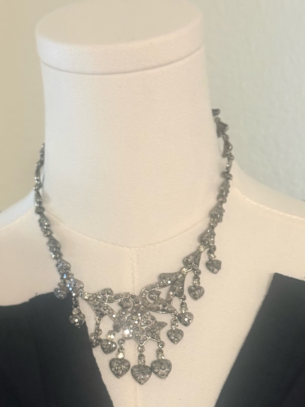 Silver Crystal Heart Drop Statement Necklace - Women Jewelry